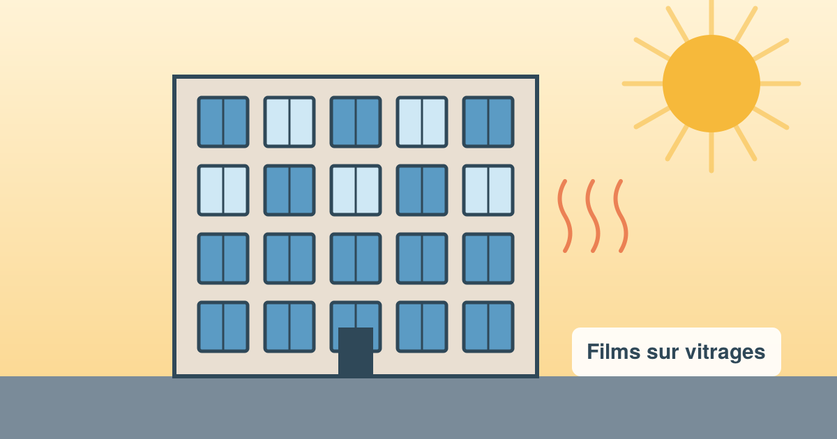 Immeuble de logements collectifs au soleil dont les fenêtres sont équipées de film anti-chaleur