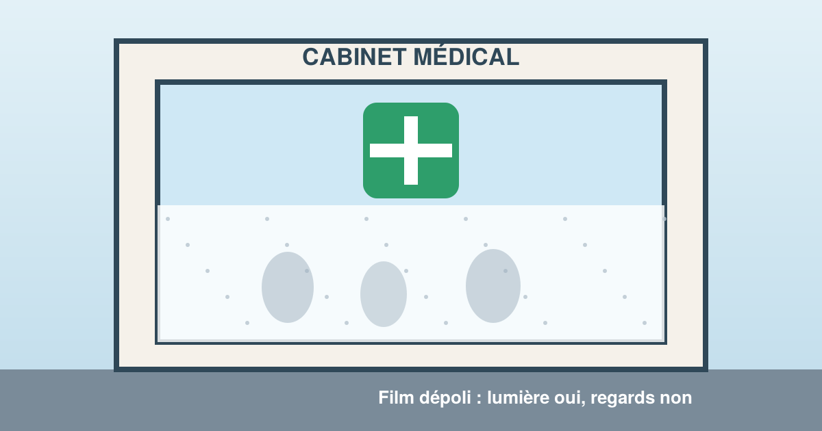 Vitrine de cabinet médical avec film dépoli en partie basse