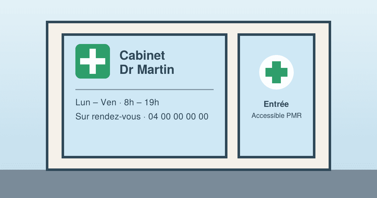 Vitrine de cabinet de santé avec pictogramme, nom du praticien et horaires en vitrophanie